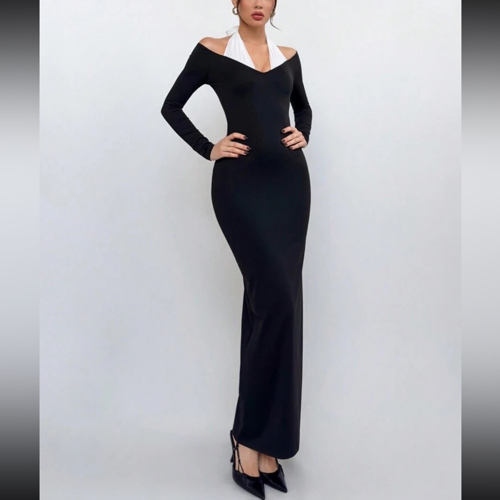 Black off shoulder long sleeve stretchy maxi dress, white halter tie neck detail - Picture 3 of 4